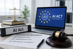 Symbolbild zum EU AI Act: Laptop mit AI-Act-Grafik, Checkliste zu KI-Bildern auf Websites und juristischem Kontext.